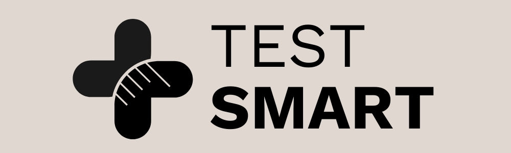 Logo with a black plus sign and text 'TEST SMART' on a beige background