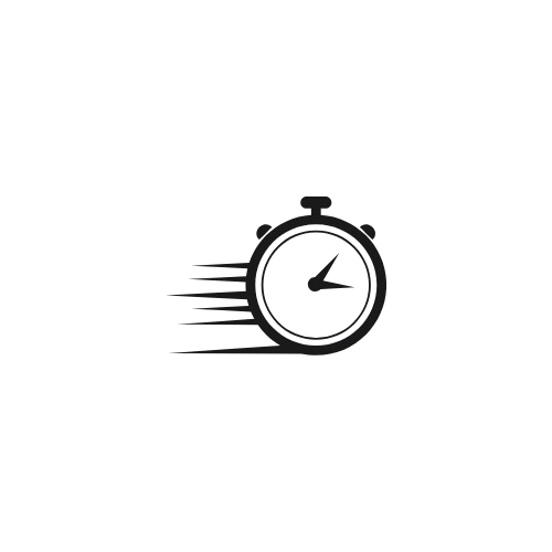 Black stopwatch icon with speed lines on a white background