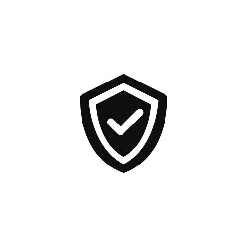 Black shield icon with a white check mark on a white background